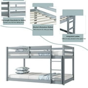 Bunk Bed Twin Over Twin, Low Twin Size Floor Bunk Beds with Ladder, Solid Wood Junior Bunk Bed for Bedroom, No Box Spring Needed-Gray