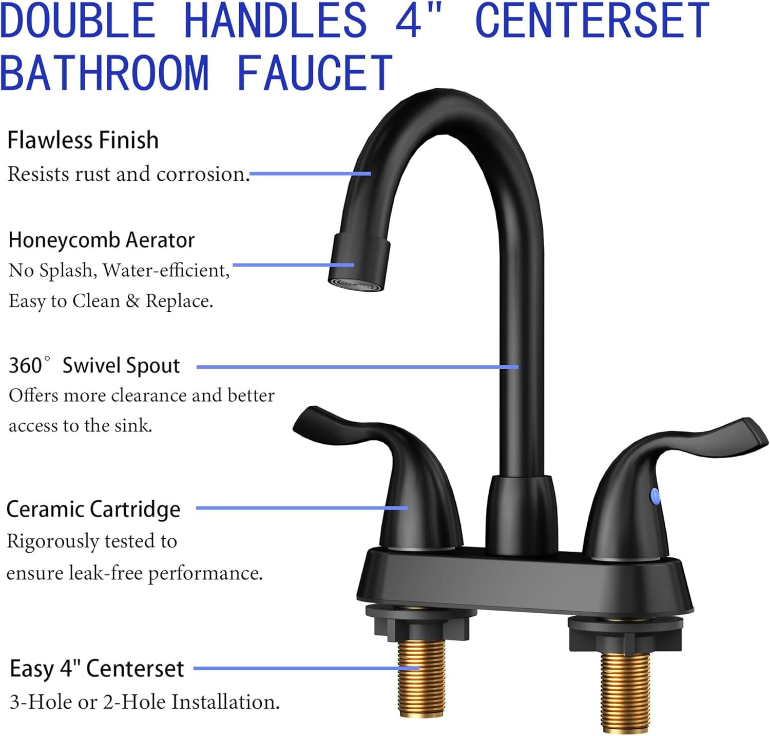 Matte Black Bathroom Sink Faucet, 2 Handle Bathroom Faucet 4 Inch Centerset Bathroom Faucet 3 Hole with Pop-up Drain and Supply Lines, Stainless Steel 360 Swivel Spout, Lead-Free