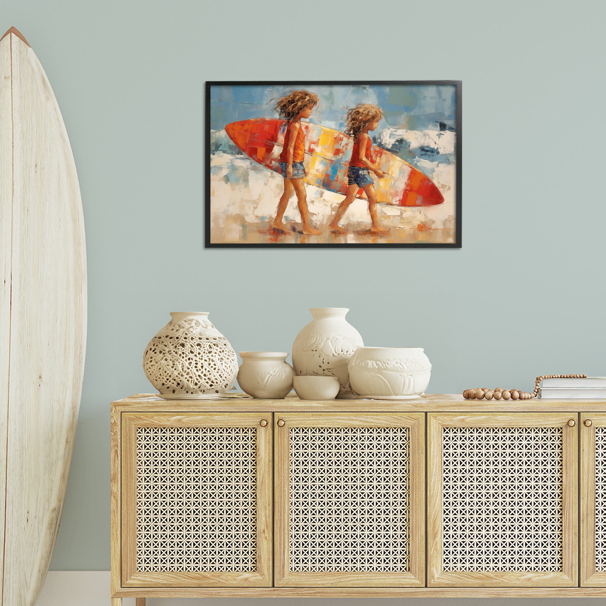 Stupell Industries Kids with Surfboard Sports Painting Black Framed Art Print Wall Art, 30 x 20
