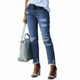 thumbnail image 3 of Women'S Ripped Jeans Straight Leg Distressed Boyfriend Denim Pants Dark Blue S, 3 of 8