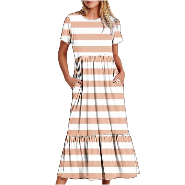 Qertyioot Robe d'Été Décontractée à Manches Courtes pour Femmes, Robe de Plage Maxi Fluide à Étages avec Poches, Robes à Imprimé Coloré