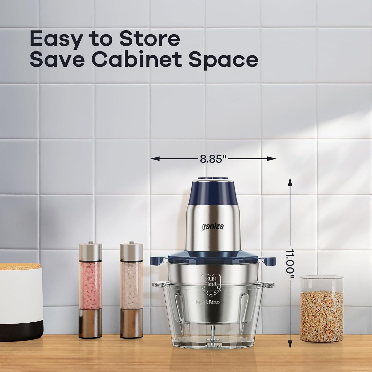 Food Processors, Electric Food Chopper with Meat Grinder & Vegetable Chopper - 2 Bowls (8 Cup+8 Cup) with Powerful 450W Copper Motor - Includes 2 Sets of Bi-Level Blades for Fruits/Meat/Nuts