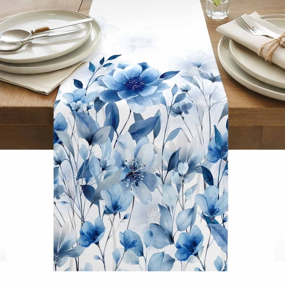 Blue Ombre Floral Table Runner - 108 Inch Long, Kitchen Dining Table Runner Dresser Scarves, Spring Elegant Flowers Watercolor Farmhouse Decor for Coffee Tables Wedding Party Banquet