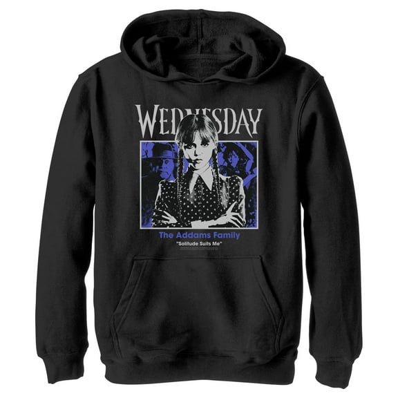 Boy's Wednesday Solitude Suits Me Portrait  Pull Over Hoodie Black Medium