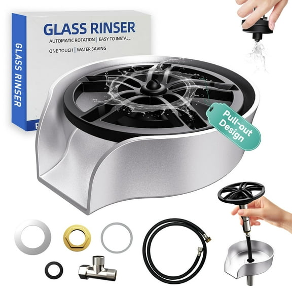 Glass Rinser for Kitchen Sink, High Pressure 360 Degree Rotating Spout Glass Rinser with Pull-out Spray Gun Design, Glass Cup Cleaner Sink Attachment Washer Baby Bottle, Glass Cup, Wine Glass