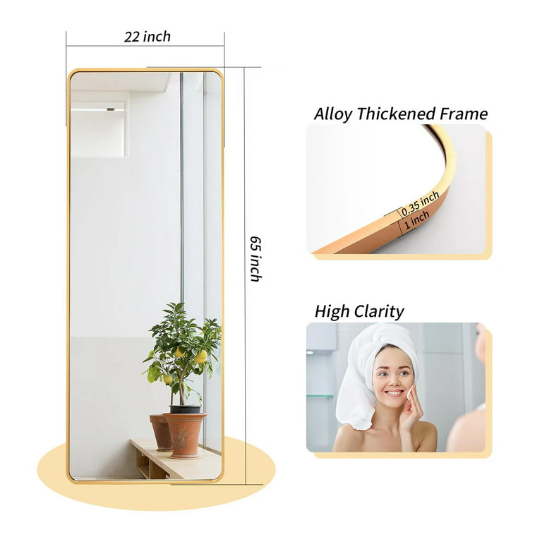 GLSLAND Full Length Mirror 22 inch x 65 inch Rounded Floor Mirror Standing Hanging or Leaning Against Wall for Dressing Room, Bedroom, Gold, Size: 65