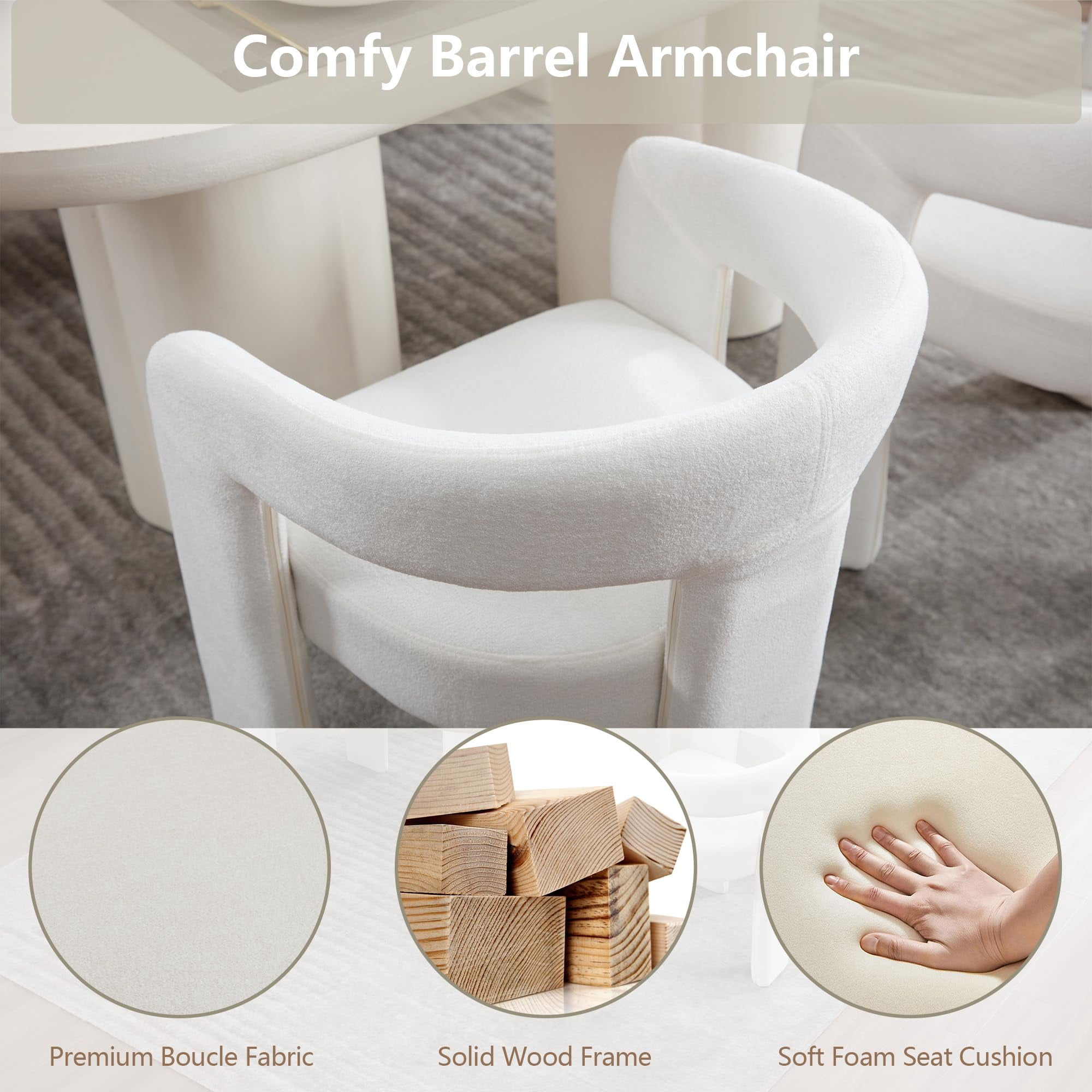 Tmsan Beige Modern Boucle Kitchen Chairs,Multipurpose Comfy Accent Armchair for Dining Room Living Room,2 Set Upholstered Barrel Kitchens Chair,Beige