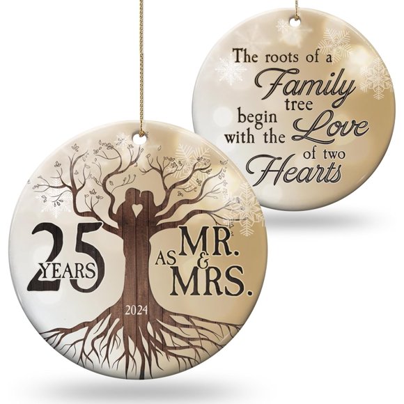 Giveena 25th Wedding Anniversary Ornament - Christmas Ceramic Ornament Gift for Couple, Parents, Friend Her Him - 25th Wedding Anniversary Present Holiday Decoration Hanging Ornament