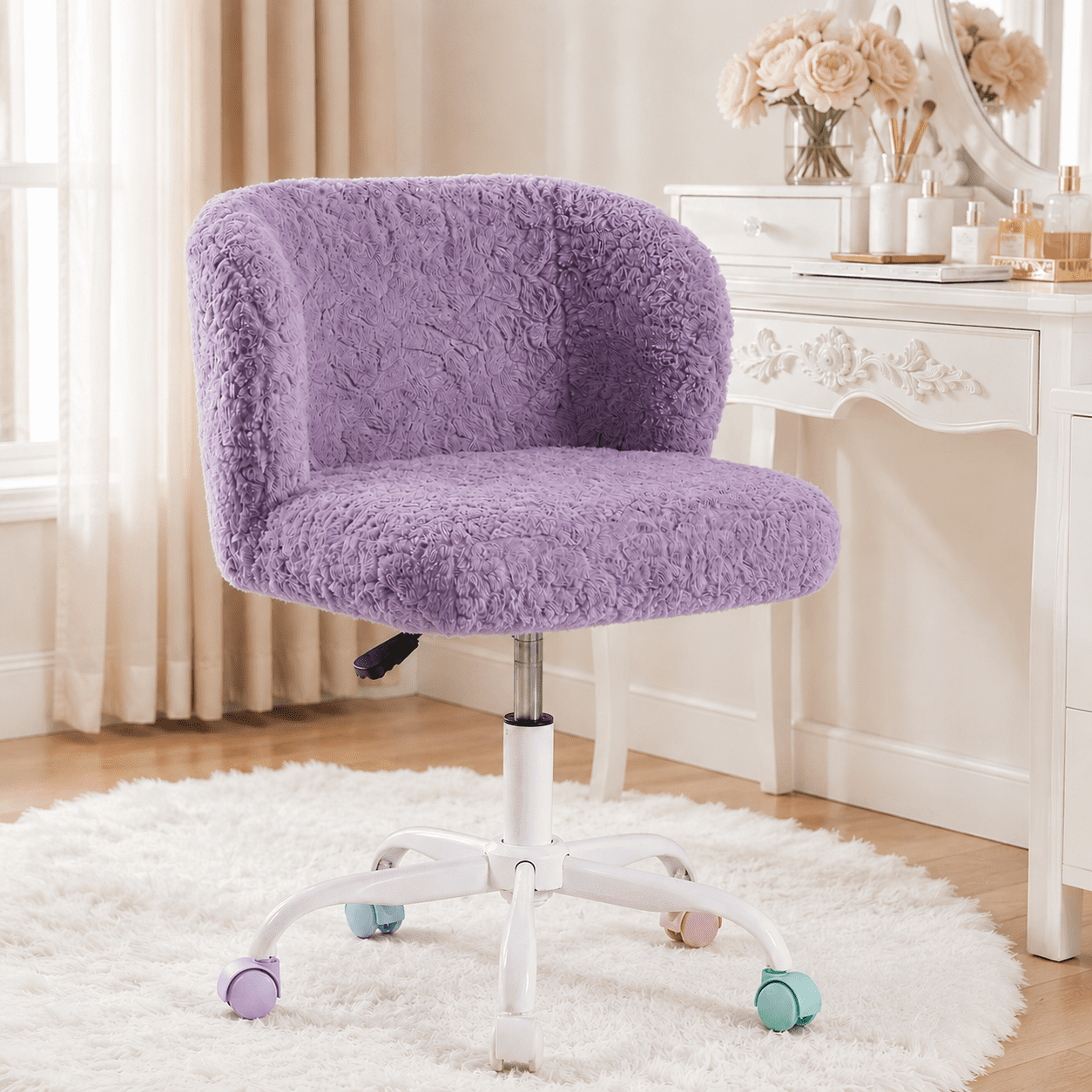 PAPROOS Vanity Chair with Wheels, Home Office Chair, Cute Makeup Desk Chair with Artificial Alpaca Wool Fabric, Adjustable Swivel Task Computer Chair for Bedroom, Violet