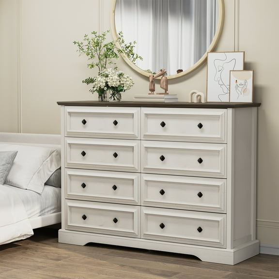 Frmobepts 8 Drawers Dresser Chests for Bedroom Farmhouse, Wood Rustic Tall Chest of Drawers, Ash White