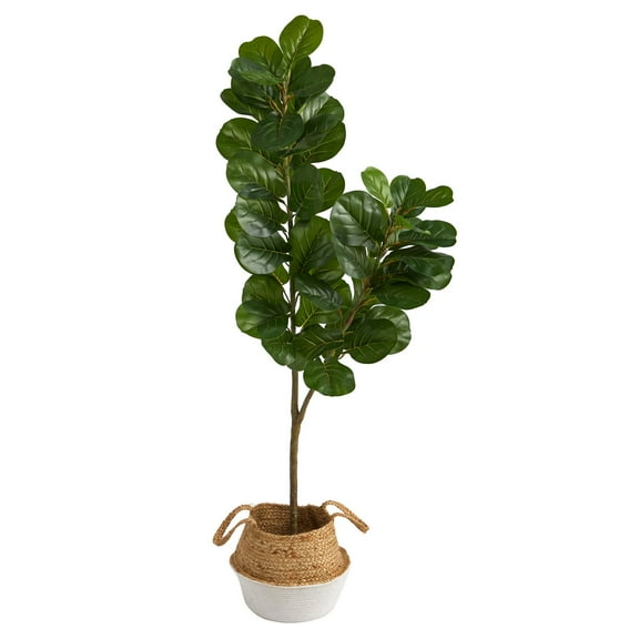 Nearly Natural 4.5' Fiddle Leaf Fig Artificial Tree with Boho Chic Handmade Cotton & Jute White Woven Planter