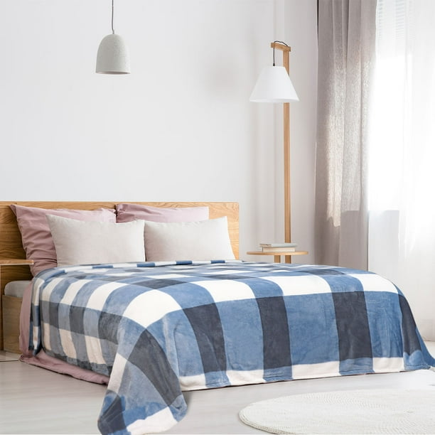 Buffalo Plaid Flannel Fleece Blanket King Size Soft Fuzzy Lightweight Bed 90 X 102 Inches Blue And White Walmart Com Walmart Com