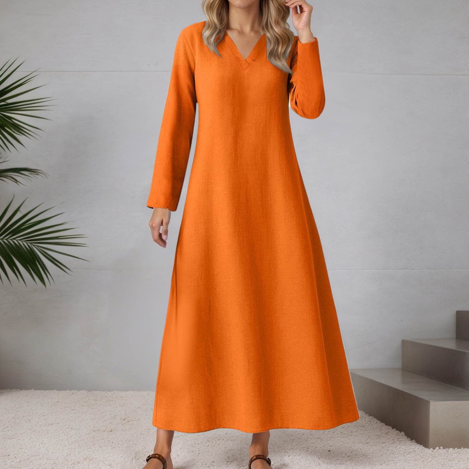LIIPEE Women Dresses Solid Color Loose Long Sleeve V Neck A-Line Midi Sundress Woman Casual Indoor Outdoor Wear Dress,Orange,L