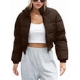 thumbnail image 3 of Women' S Cropped Quilted Puffer Jacket Outerwear Coats Brown L, 3 of 9