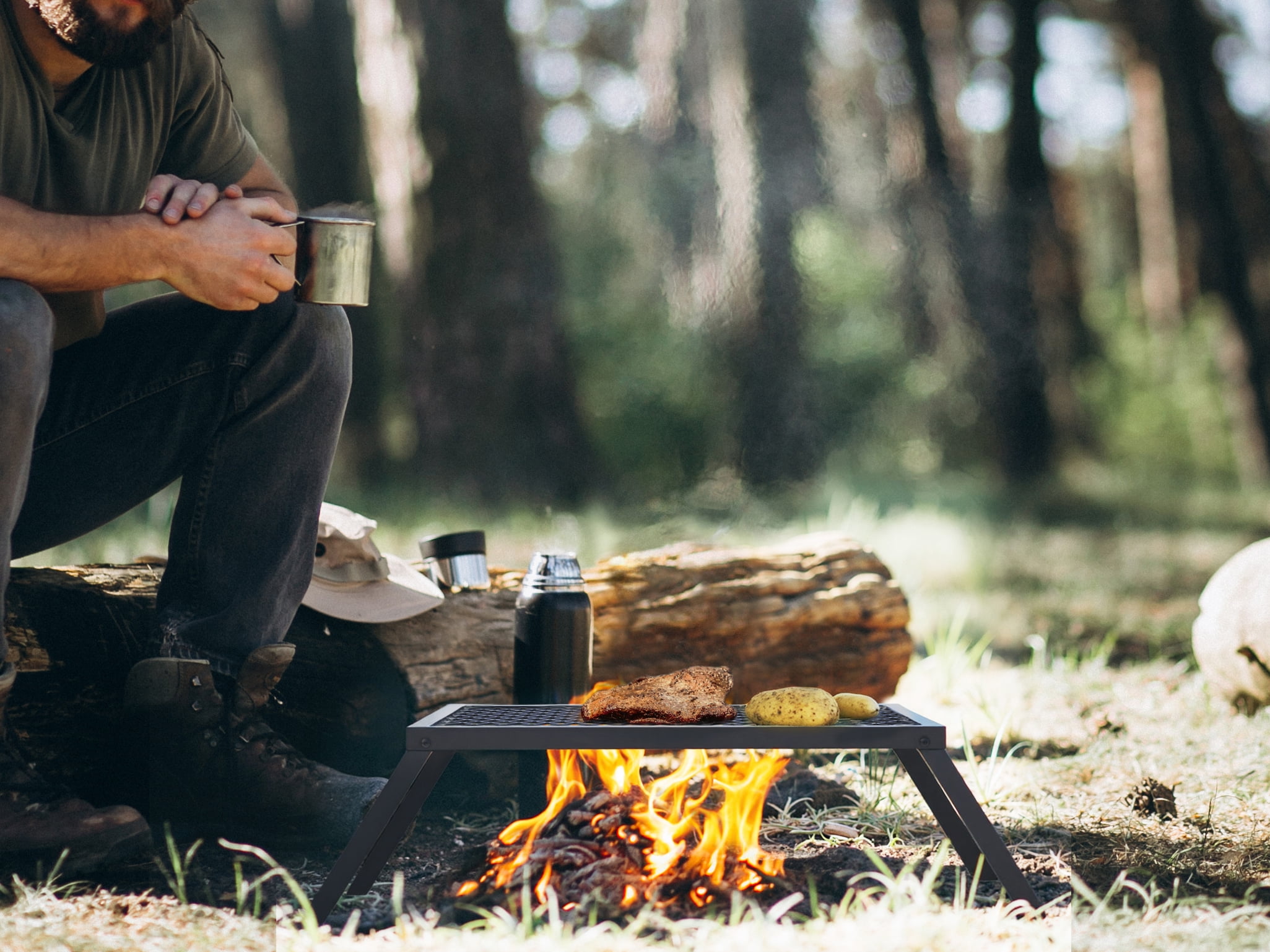Ozark Trail 24" x 16" Carbon Steel Heavy-Duty Foldable Campfire Cooking Grill, Black