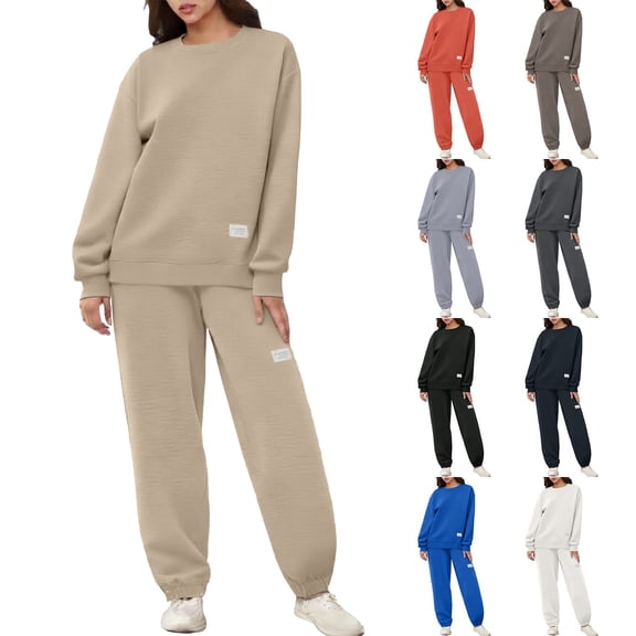 CHENjy Womens Pajama Sets Two Piece, Waffle Knit Pajama Set Long Sleeve Round Neck Top and Sweatpants, Ladies Loungewear Set, Size L,Black