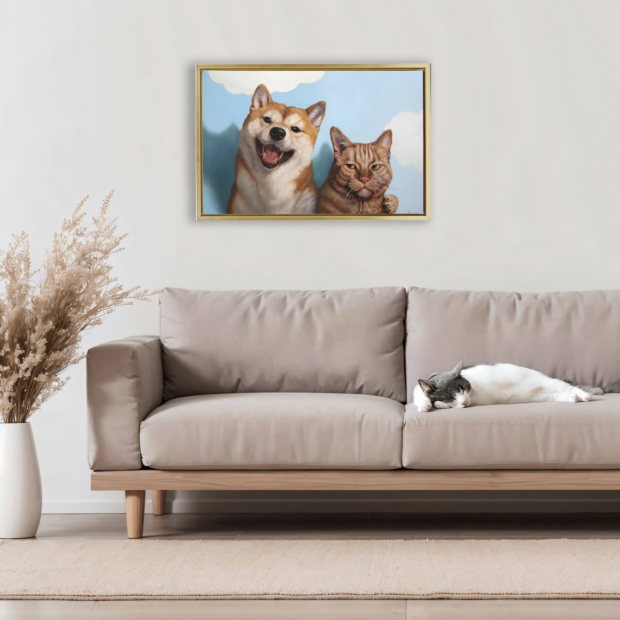 Stupell Industries Adopted Brother Dog & Cat Gold Framed Floater Canvas Wall Art, design by Lucia Heffernan