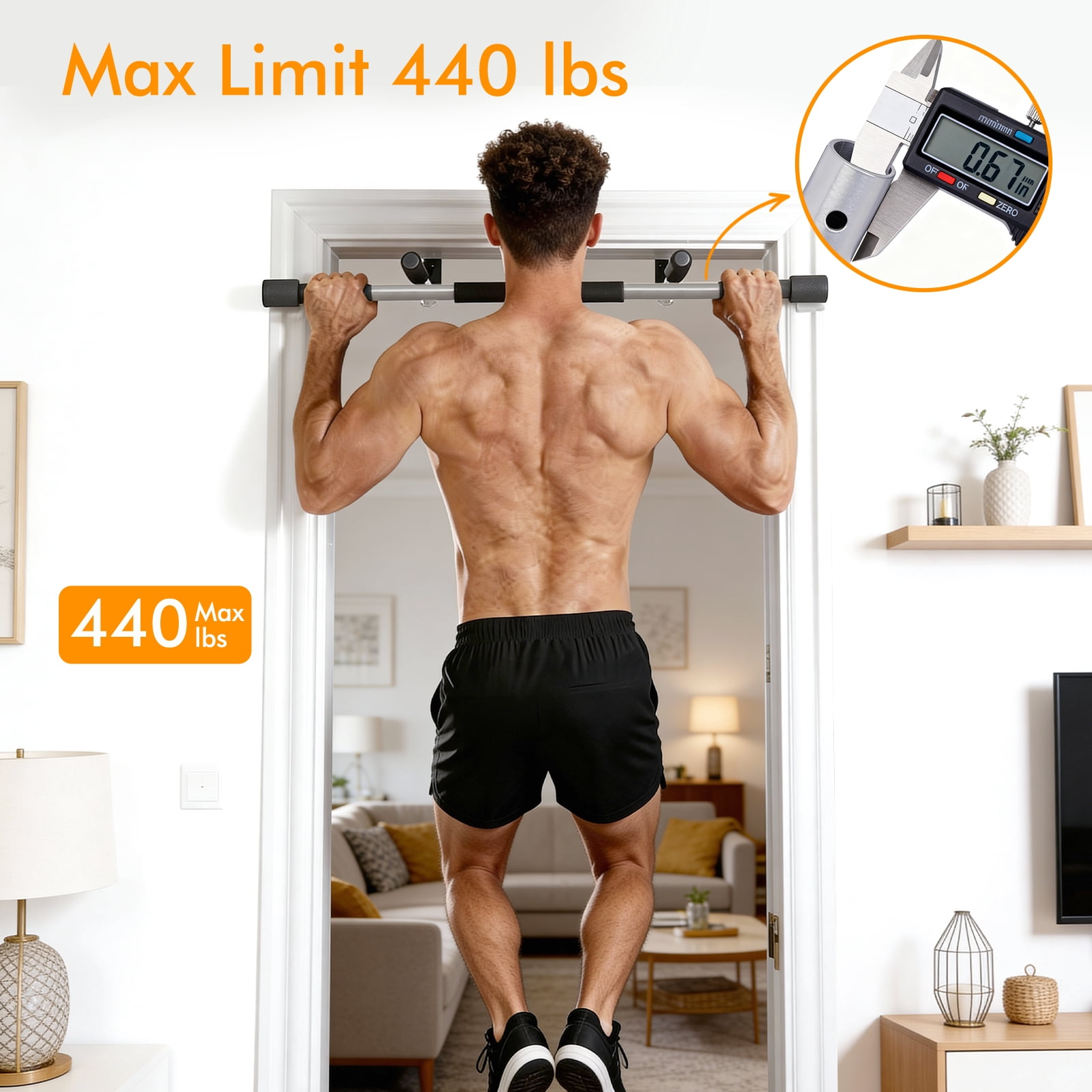 Doorway Pull Up Bar, 440 LB Max Heavy Duty Steel Chin-Up Bar, Secure No-Screw Door Frame Workout Bar for Home Gym