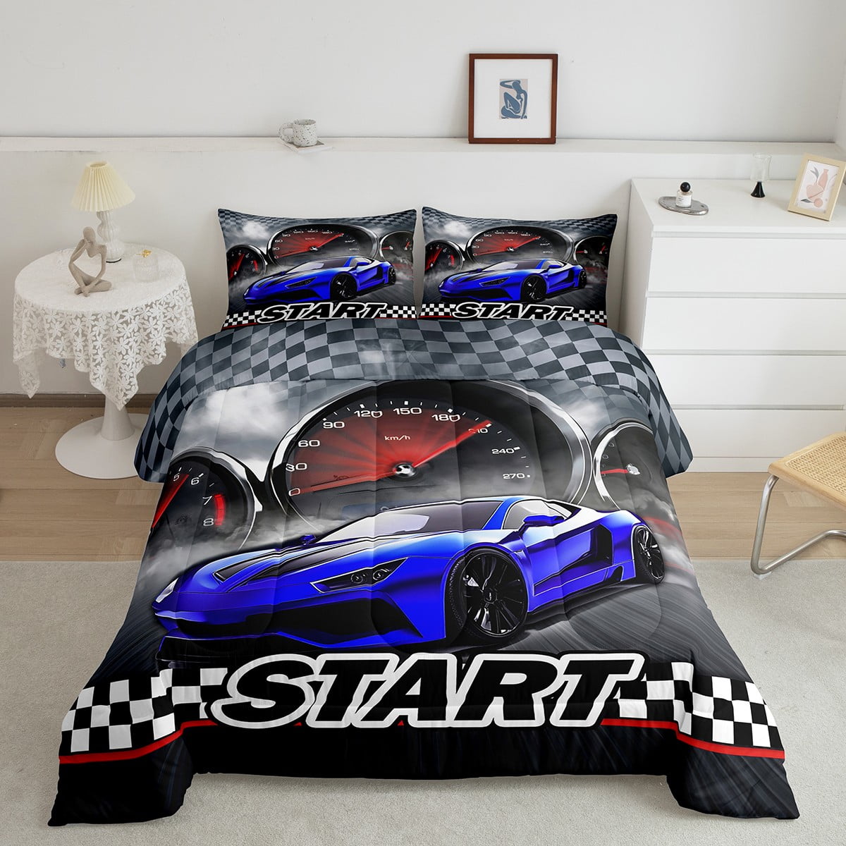Race Car Comforter Sets Cool Sports Car Bedding Queen Size Man Extreme Sports Duvet Quilt Blue Racing Car Print Black and White Grids Decor Comforter 3 Pcs with 2 Pillowcases