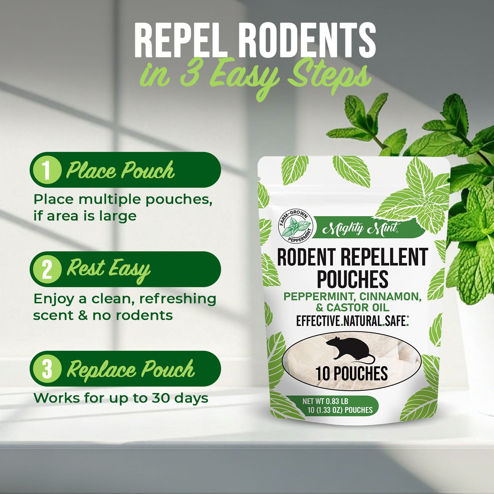 Mighty Mint Rodent Repellent/Deterrent Pouches, Peppermint, Cinnamon & Castor Oil, 10 CT