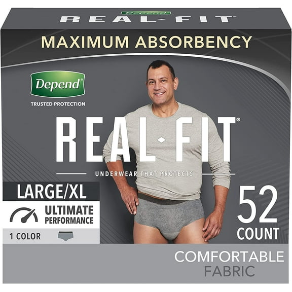 Depend Real Fit Incontinence Underwear for Men, Maximum Absorbency, Disposable, Large/Extra-Large, Grey, 52 Count (Packaging May Vary)
