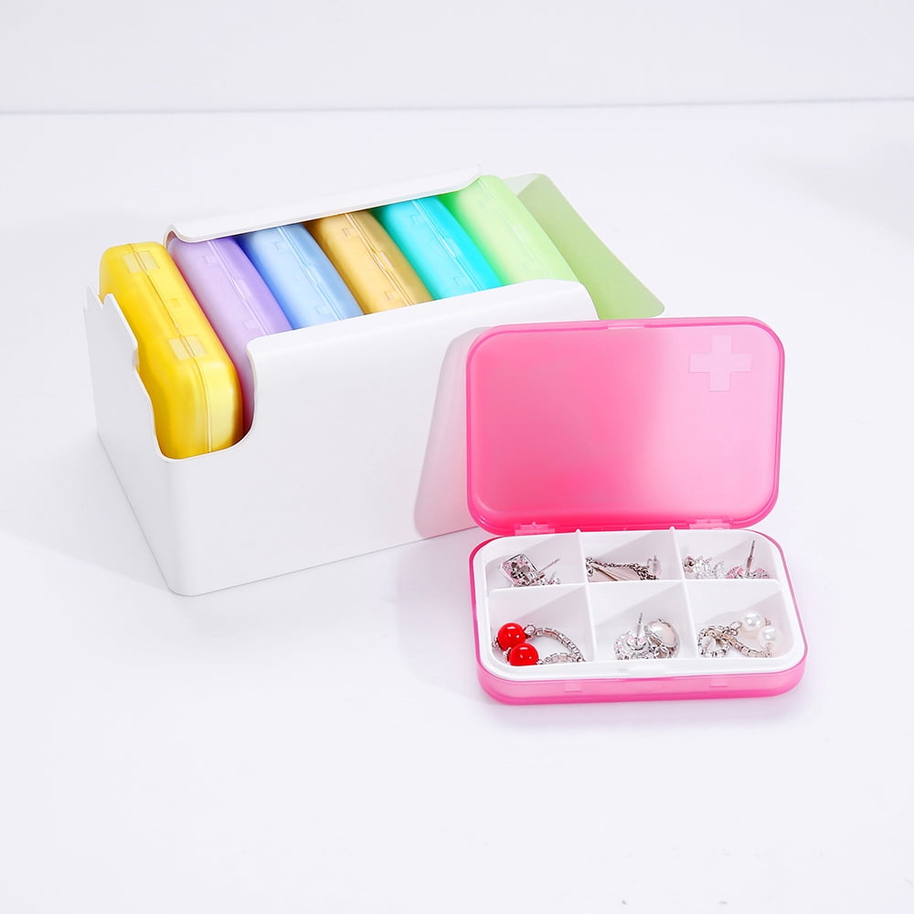 7 Piece Set Pill Organizer 6 Times a Day, Weekly Pill Case, Pill Organizer with Labels, Travel Pill Dispenser 7 Day with 42 Copartments for Medication/Vitamin/Fish Oil/Supplements - Rainbow Colors