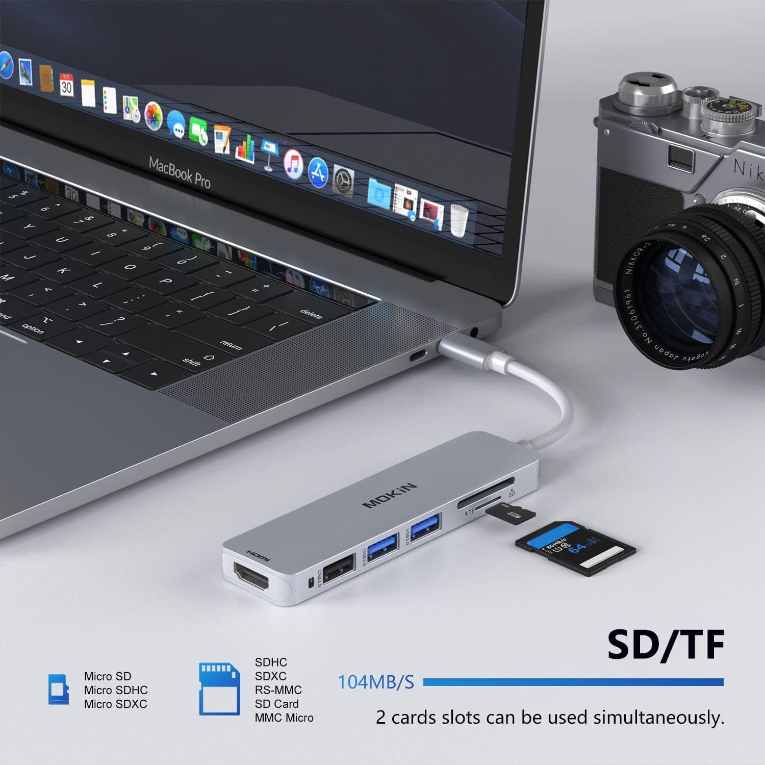  MOKiN Adaptador HDMI USB C Hub para MacBook Pro/Air, adaptador  USB C 7 en 1 con HDMI, lector de tarjetas SD/TF, puerto de datos USB C, 100  W PD y 2