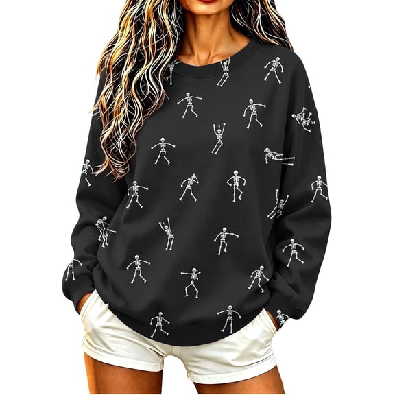 Womens Halloween Dancing Skeleton Sweatshirts Spooky Season Crewneck Shirt Long Sleeve Horror Skull Pullover Top
