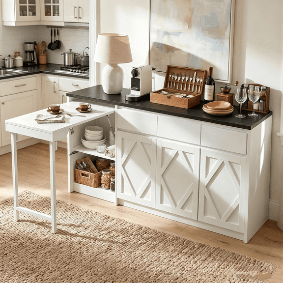 63" White Modern Farmhouse Sideboard Buffet Cabinet with Foldable Tabletop, Large Wooden Coffee Bar Station with 4 Storage Doors & 3 Drawers, Multi-Purpose Storage Credenza for Kitchen, Dining Room