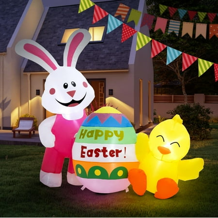 Rywell Easter Inflatables Decorations, Easter Blow Up 4.6FT Bunny with Chicks & Colorful Eggs, Lighted Inflatable for Yard Holiday Party Outdoor Garden, Gift for Kids