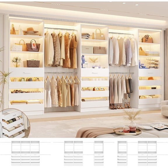Homieasy 12-Drawer Customizable L-Shaped Closet System ,8.5-11.5 Ft with 4 Hanging Rods & 3 Tower,White