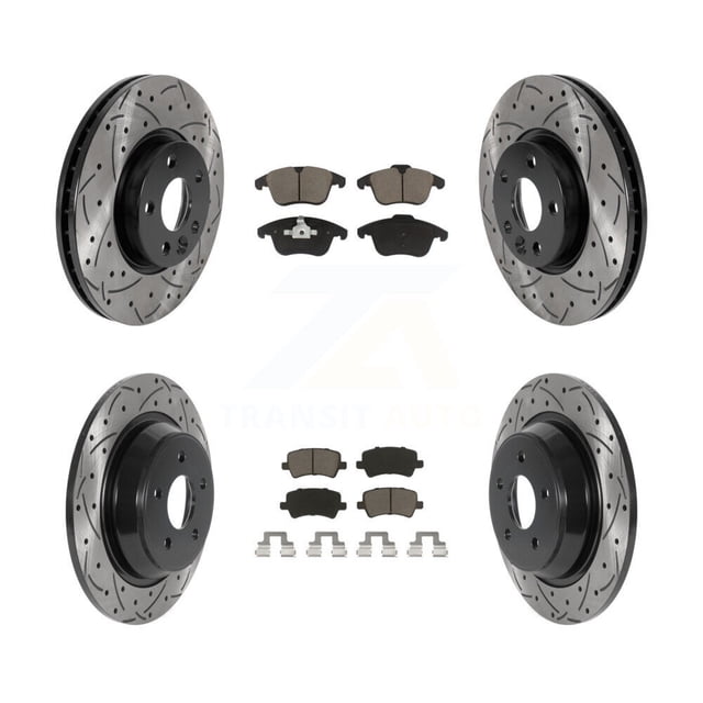 Transit Auto Front Rear Coated Drilled Slotted Disc Brake Rotors and Ceramic Pads Kit for Car 2012-2015 Land Rover Range Evoque KDC-100621