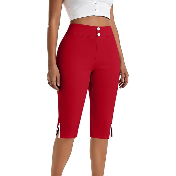 Hurxie Women's Capris Pull-On Stretch Straight Leg Elastic Waist Cropped Dress Pants with Pockets for Golf Yoga Office Work Red,M