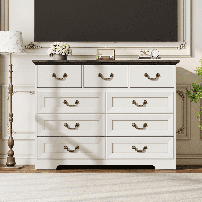 TROPOW Vintage 9 Drawer Dresser for Bedroom, 47" Wide Chest of Drawers with Natural Wood Texture, Wooden Storage Organizer for Closet, Living Room, Hallway,White