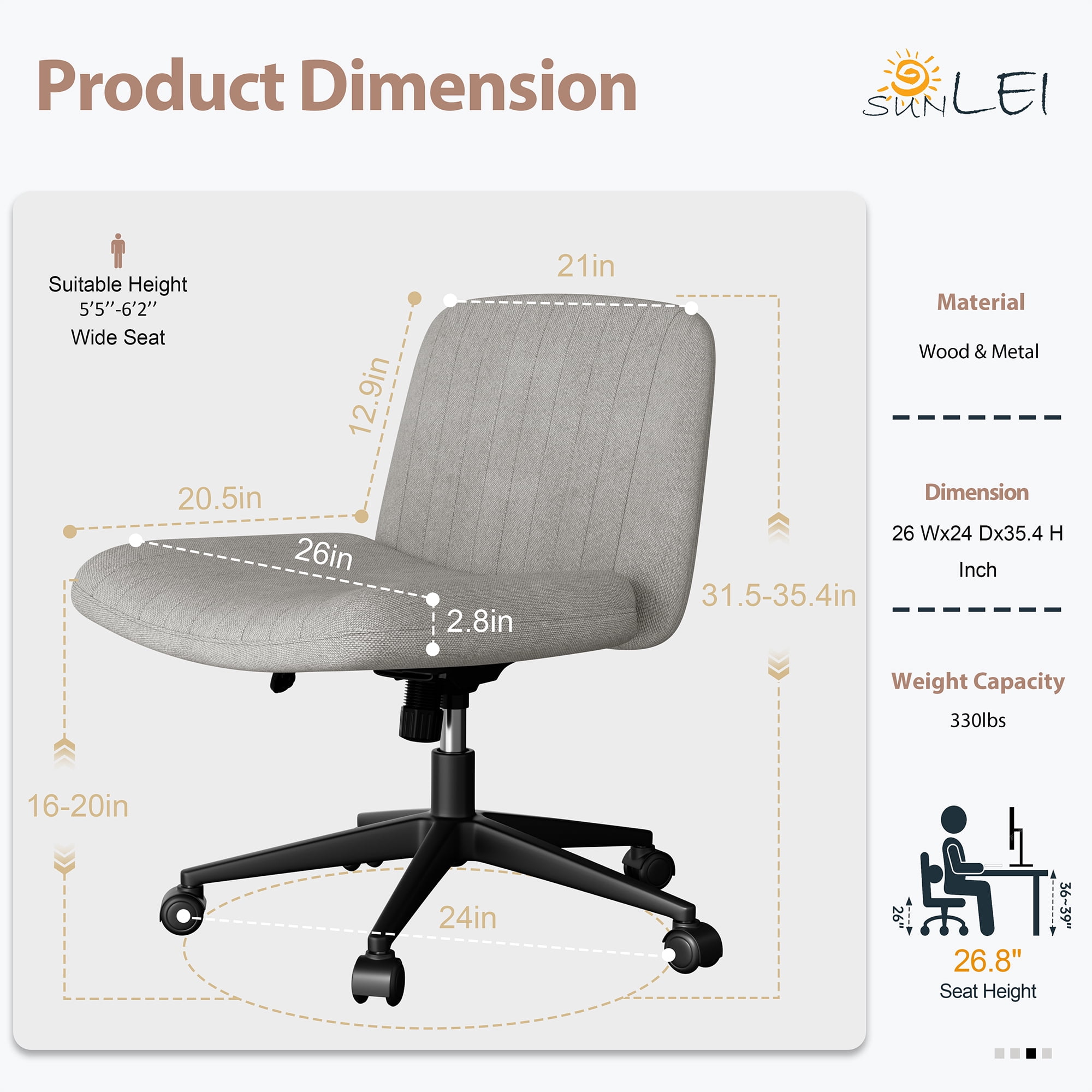 Walsunny Armless Criss Cross Home Office Chair, Fabric Vanity Desk Chair with Wheels, Wide Seat Swivel Task Computer Chair, Gray