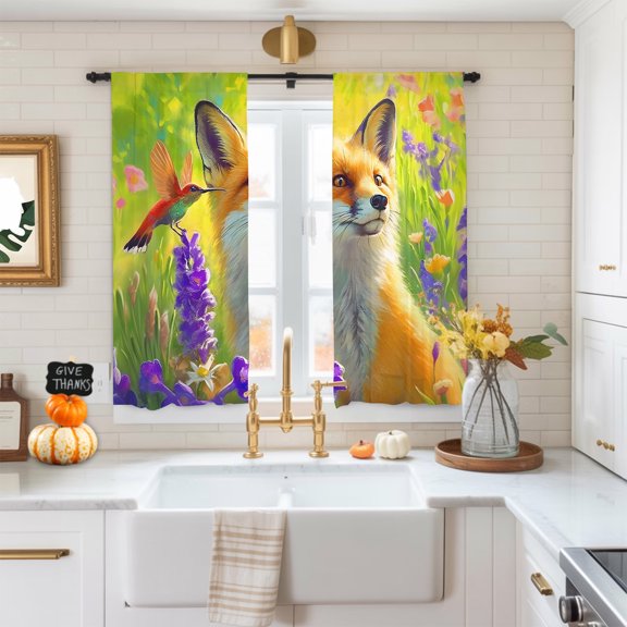 Fox Hummingbird Fall Lavender Chiffon Sheer Curtains 63 Inches Long Wildflowers Rod Pocket Window Curtains Voile Drapes Curtains for Living Room Bedroom,2 Panels