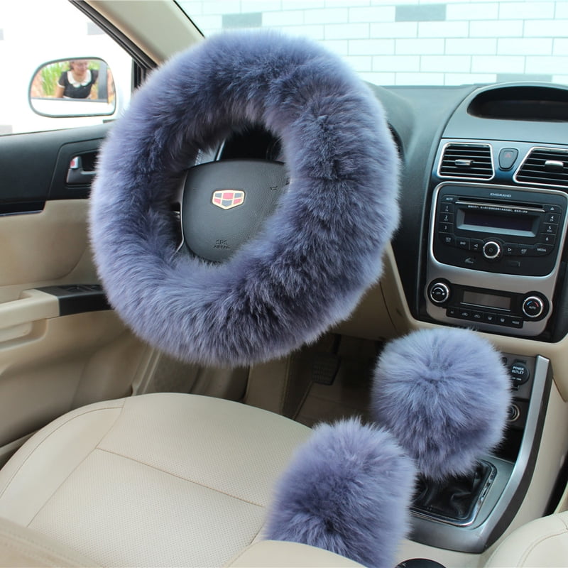 Fluffy Steering Wheel Cover with Handbrake Cover & Gear Shift Cover Fur Steering Wheel Cover for Women Plush Car Wheel Cover Faux Wool Universal Fit 15 Inch 3 Pcs Set Black