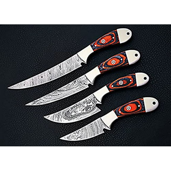 4 pieces Damascus steel kitchen knife set, over all 40" long knives set with Orange wood scale and steel bolsters, includes leather Roll bag