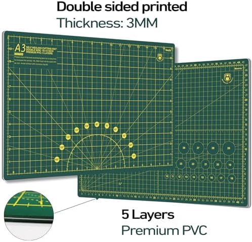 18"x12" Thickened Self Healing Cutting Mat, A3 Rotary Cutting Sewing Mat for Crafts, Double Sided 5-Ply Table Cutting Board for Fabric Quilting Leather Arts Hobby Project, Green