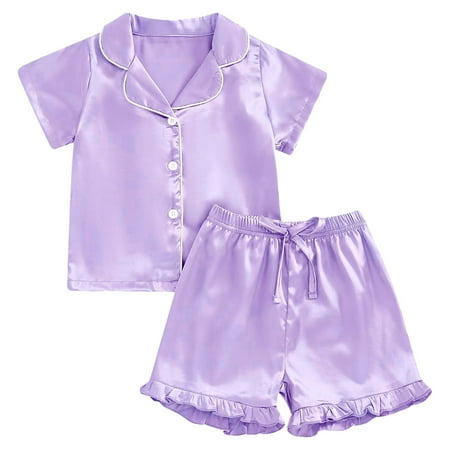 Pajamas For Girls 10-12 Pink Pj Set Girls Satin Pajamas Set Button Down 2 Piece Silk Pjs Shorts Set Ruffle Sleepwear Purple 8-9 Years
