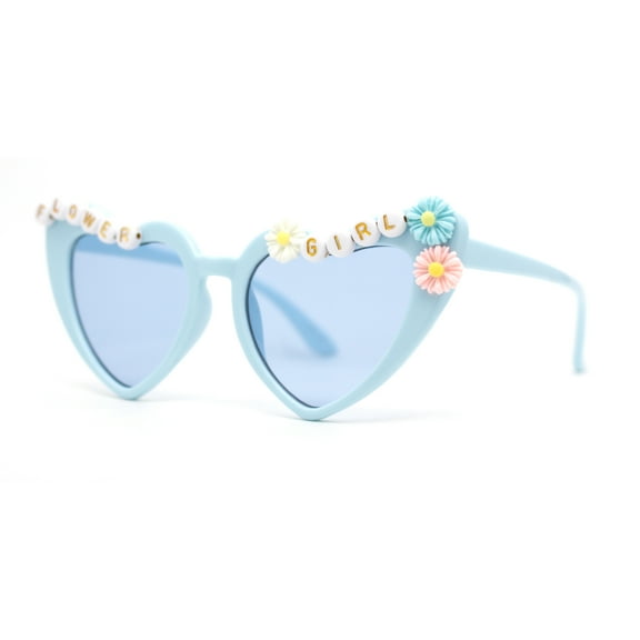 Girls Child Size Flower Girl Beads Cat Eye Heart Shape Plastic Sunglasses All Blue