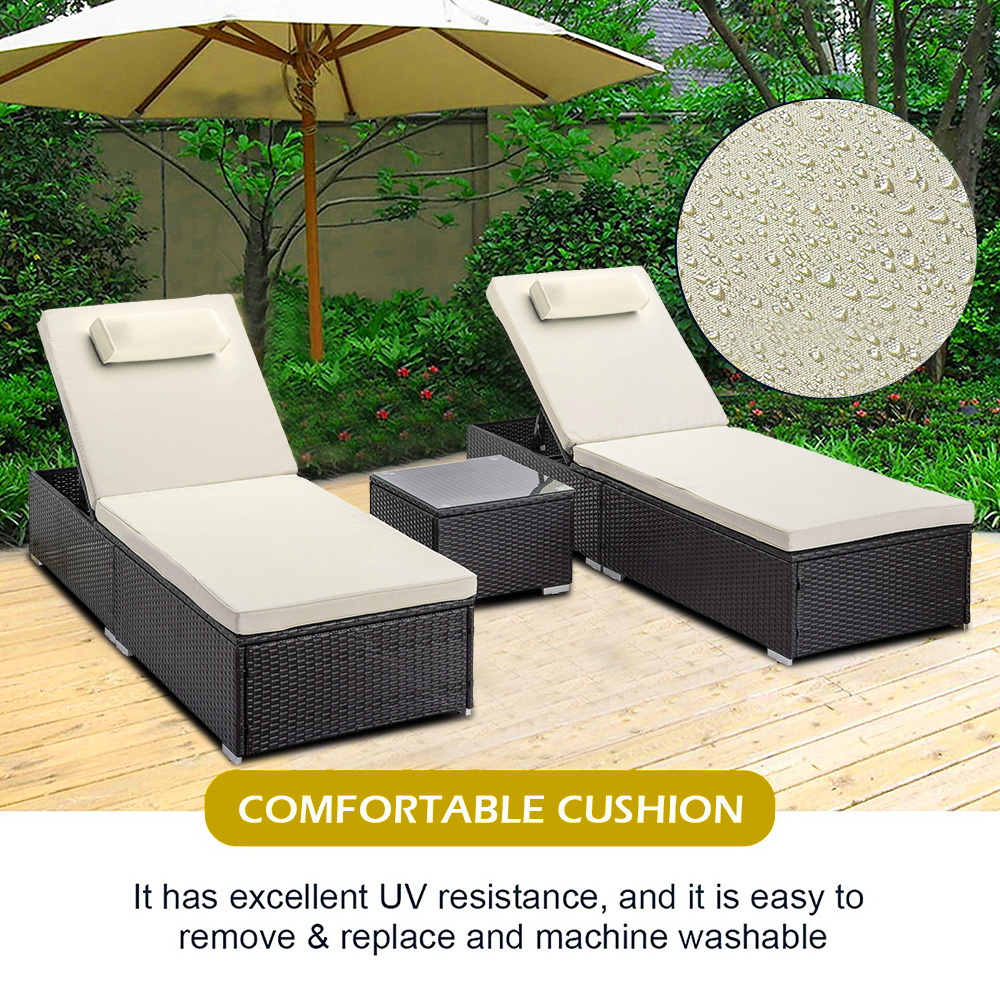3 Pieces Chaise Lounges for Patio Furniture, Outdoor Wicker Chaise Lounge Chairs Set with Adjustable Back, Beige Cushion and Coffee Table, Poolside Balcony Lawn Seating Recliner, W10867 - image 2 of 8