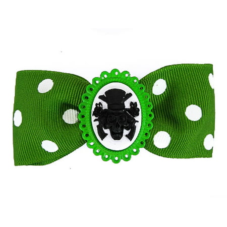 Hairy Scary Green & White Polkadot Bow w Haunted Mansion Cameo Jezebow Hair Clip
