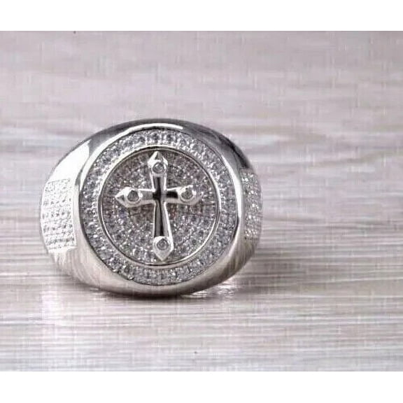 Forever Jewels 2 CT Round Cut Moissanite Men Engagement Cross Ring 14K White Gold Plated