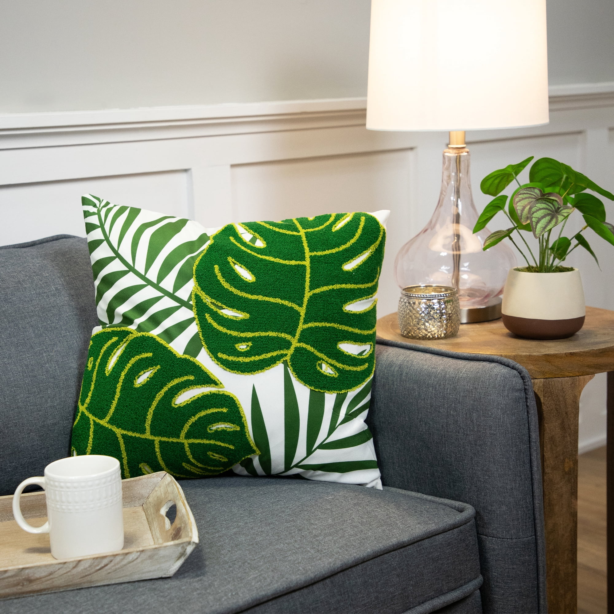 Northlight Tropical Palm Tree Leaves Throw Pillow - 16" - Green and White