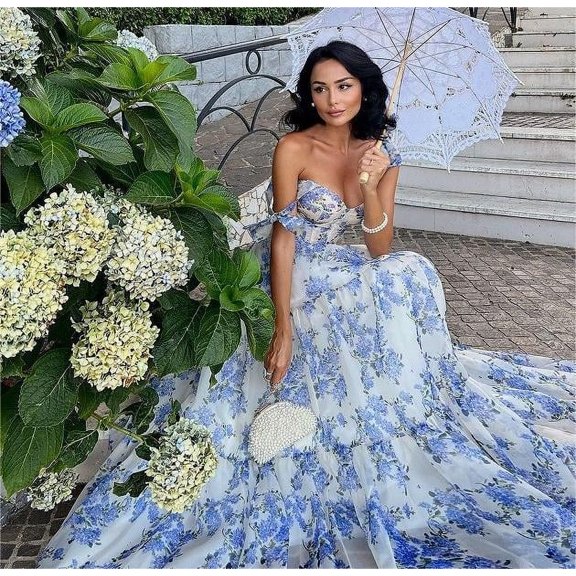 Scacto Summer Bohemian Floral Dresses for Women Spaghetti Straps Maxi Dress Casual Flowy Dresses Floral Off-the-shoulder Strap Lace-up Large Swing Skirt Organza Dress