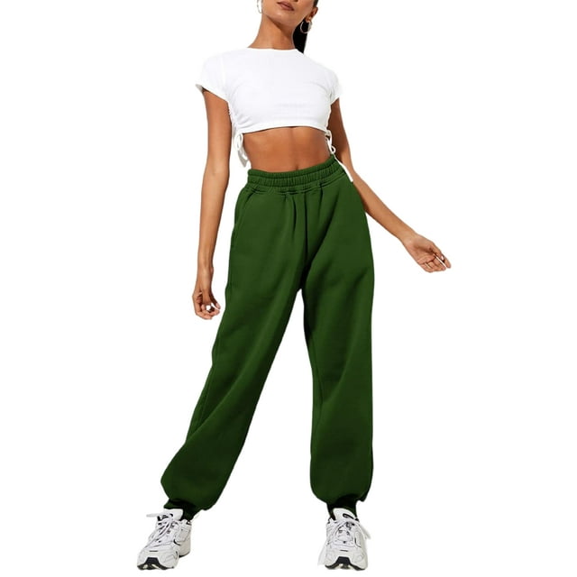 Innerwin Jogger Pants With Pockets Women Trousers Sports Solid Color Lounge Sweatpants Dark Green M