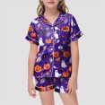 thumbnail image 2 of TOWED22 Girls Halloween Satin Pajamas Set Short Sleeve Sleepwear Button Down Loungewear 2 Piece Pjs Shorts Set for 2-13 Years(Purple,12-13 Y), 2 of 4