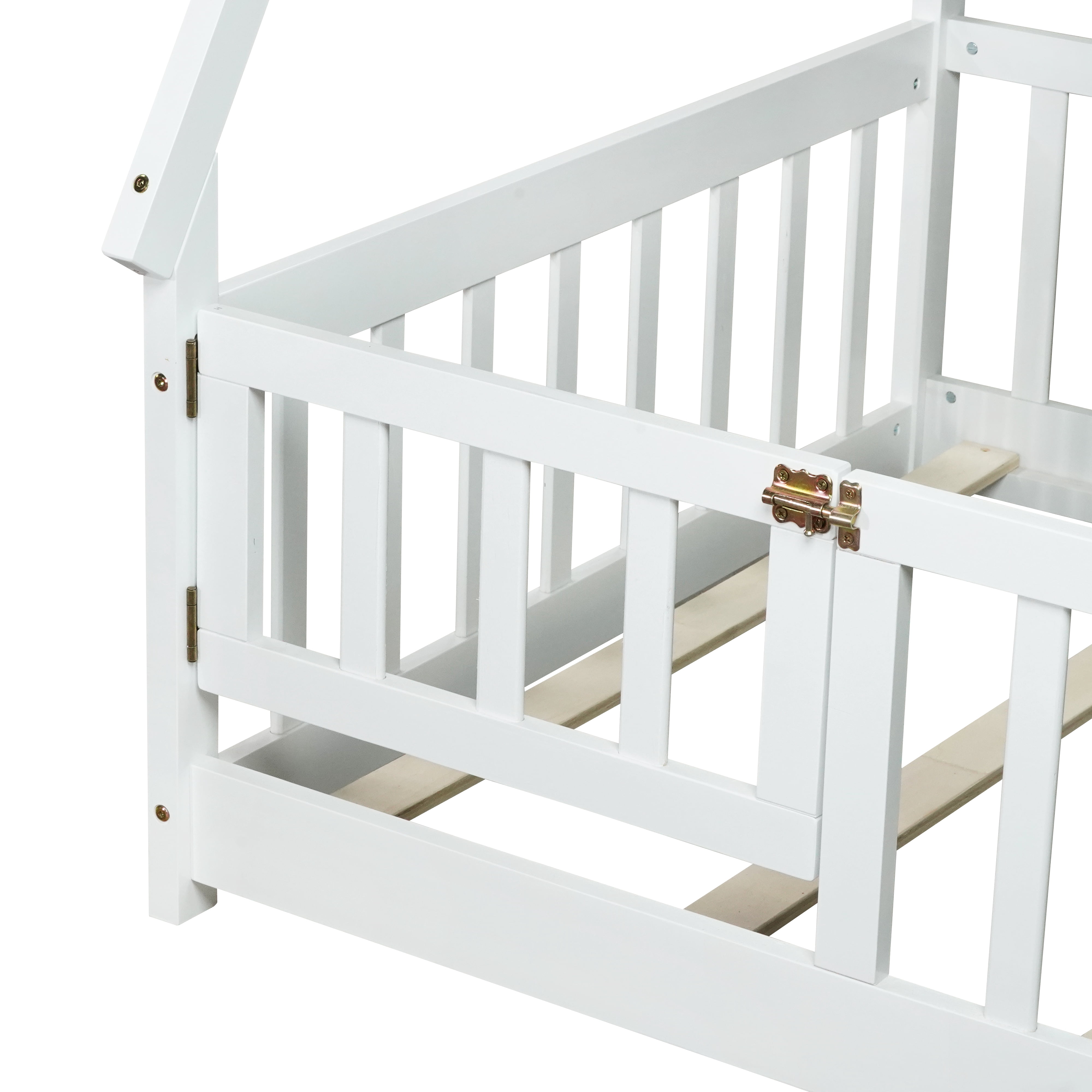 Miniyam Twin Floor Bed for Kids with House Frame, Guardrails and Lockable Door, White