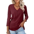 thumbnail image 2 of Women's Slim-Fit T-Shirt V Neck 3/4 Sleeve Tops Solid Color Casual Shirts Summer Tees Comfy Versatile Women's Clothes, 2 of 6